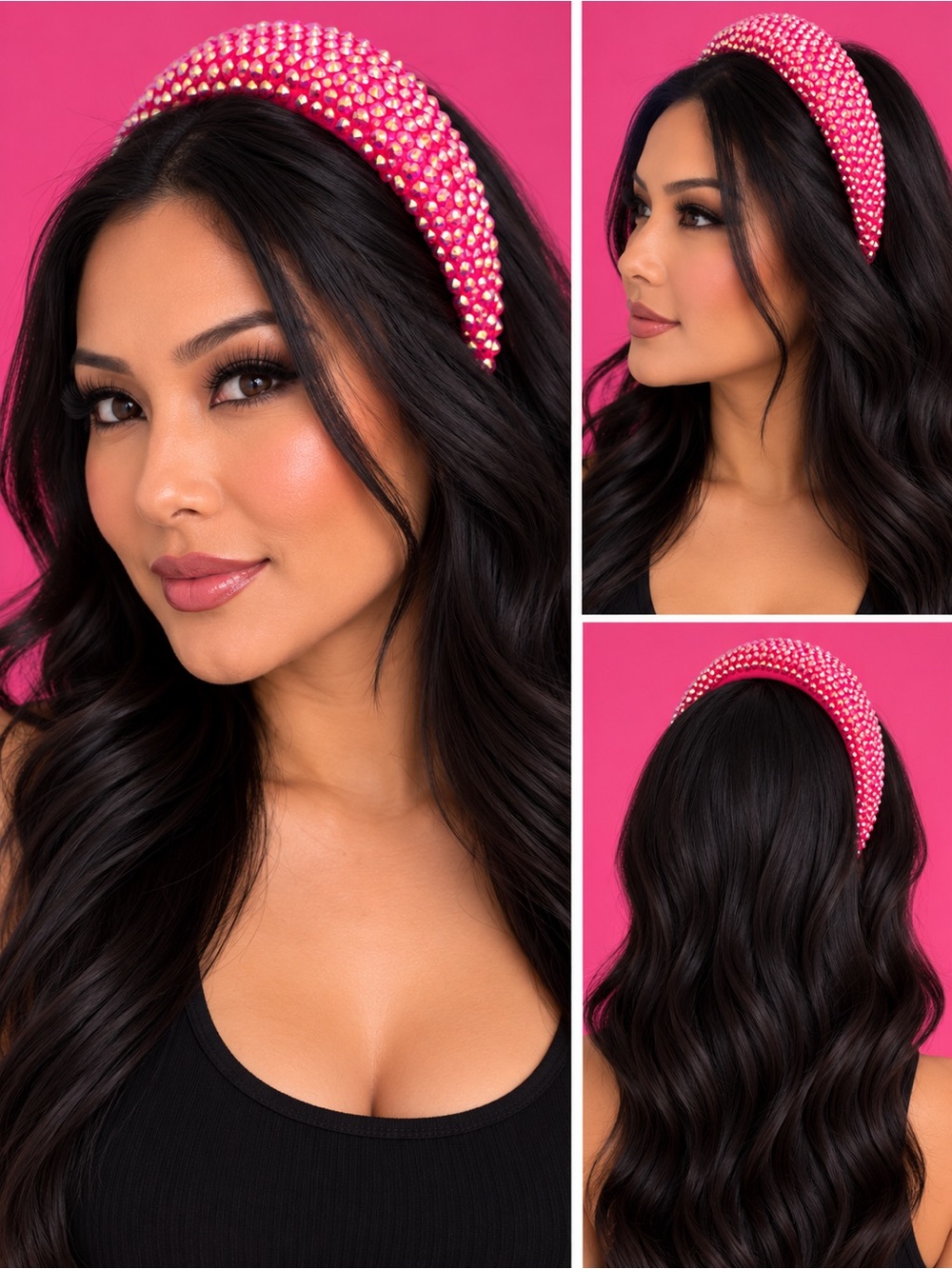Pink Handmade Rhinestone Sparkly Bling Crystal Chunky Statement Padded Headband